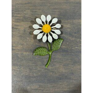 Mid Mod Enamel White and Yellow Daisy Flower Brooch Pin